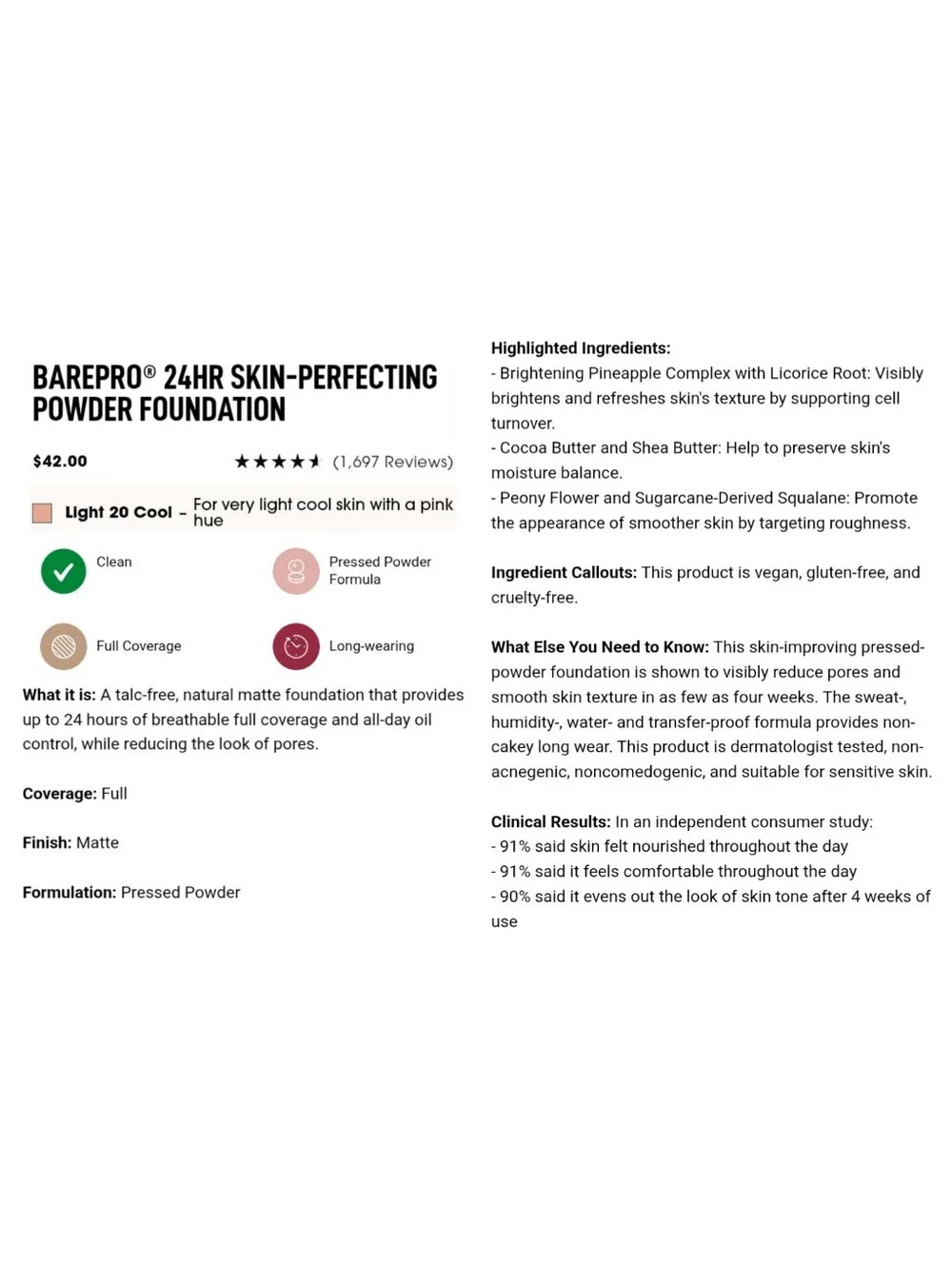 BAREMINERALS BAREPRO 24HR Skin-Perfecting Powder Foundation in Light 20 Cool